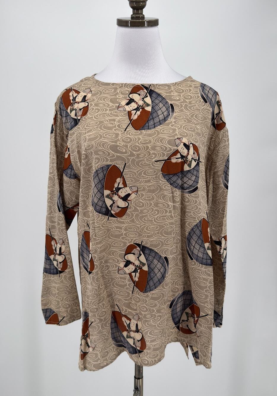 Harari Brown Silk Asian Inspired Bowls Artsy Long Sleeve Blouse Top Sz M